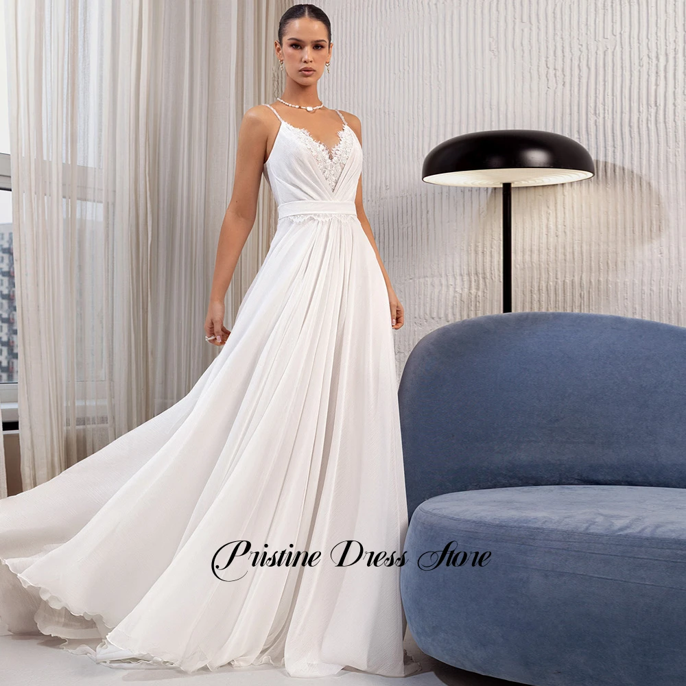 فستان زفاف كلاسيكي شيفون للنساء على الشاطئ طيات أنيقة مزين برقبة على شكل حرف v سويب تراين بدون أكمام زي العرائس المخصص #4