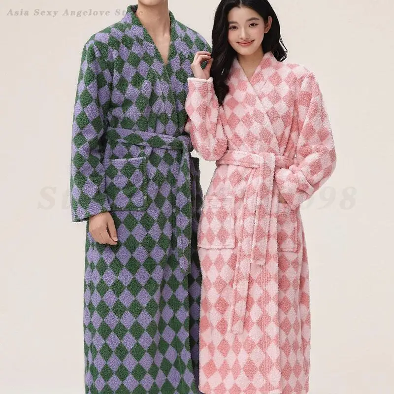 

Winter New Long Robe Kimono Gown Thicken Warm Couple Sleepwear Coral Fleece Plaid Bathrobe Home Dress Casual Flannel Lounge Wear
