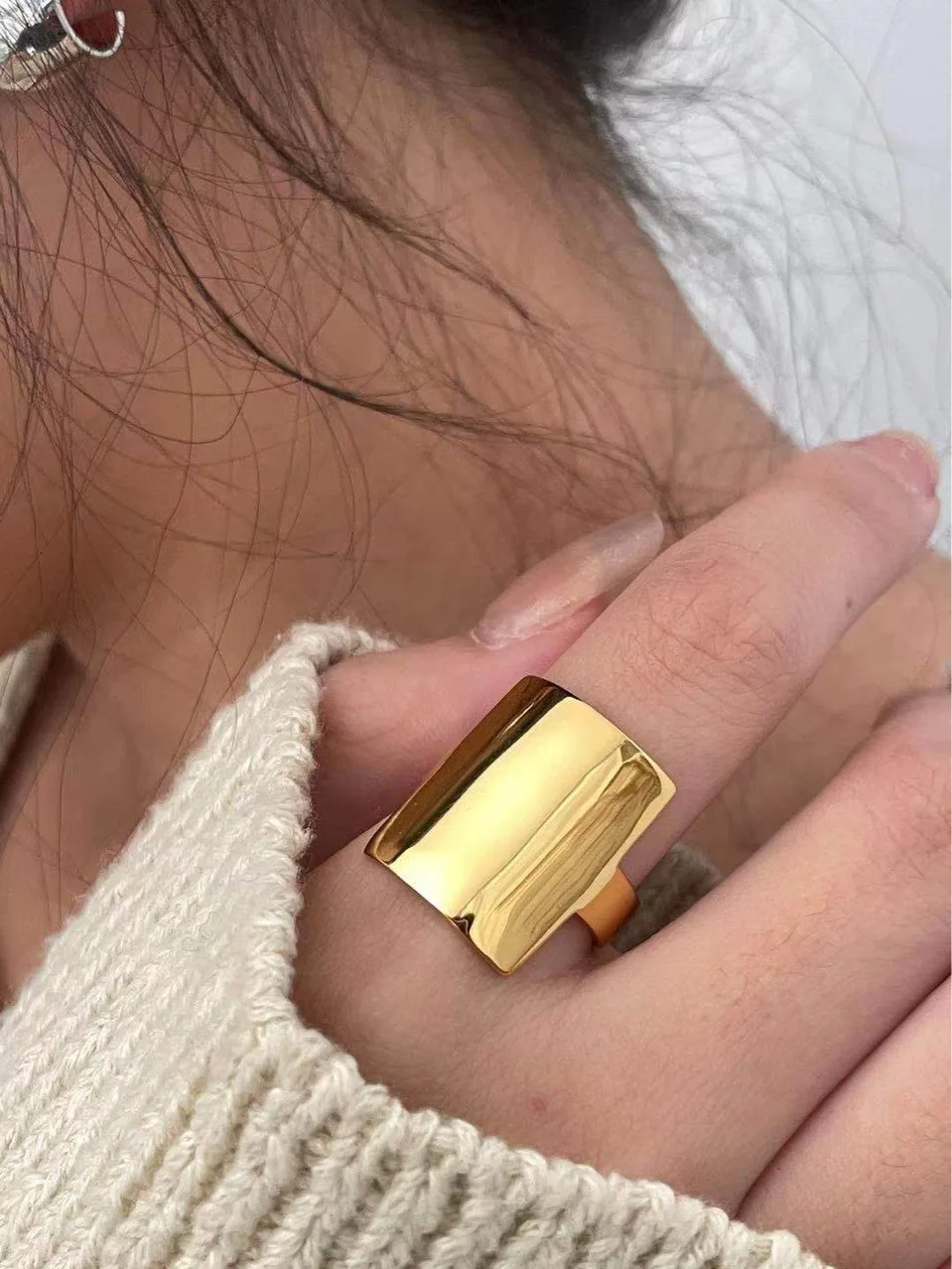 Brass Stuning Square Solid Rings Women Jewelry Punk Hiphop Designer Runway Rare Simply Gown Boho Top Japan Korean INS Trendy