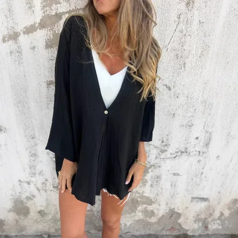 

Plus Size New Women Casual Long Sleeve Turn Down Collar Irregular Hem Belt Buttons Loose Shirt Lady T-shirt Women's Clothing