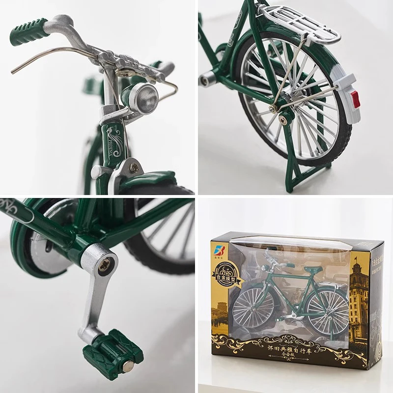 Mini bicicleta Retro de Metal casi Real, modelo fundido a presión de aleación 1:10, bomba de inflado, regalo de cumpleaños, colección de juguetes