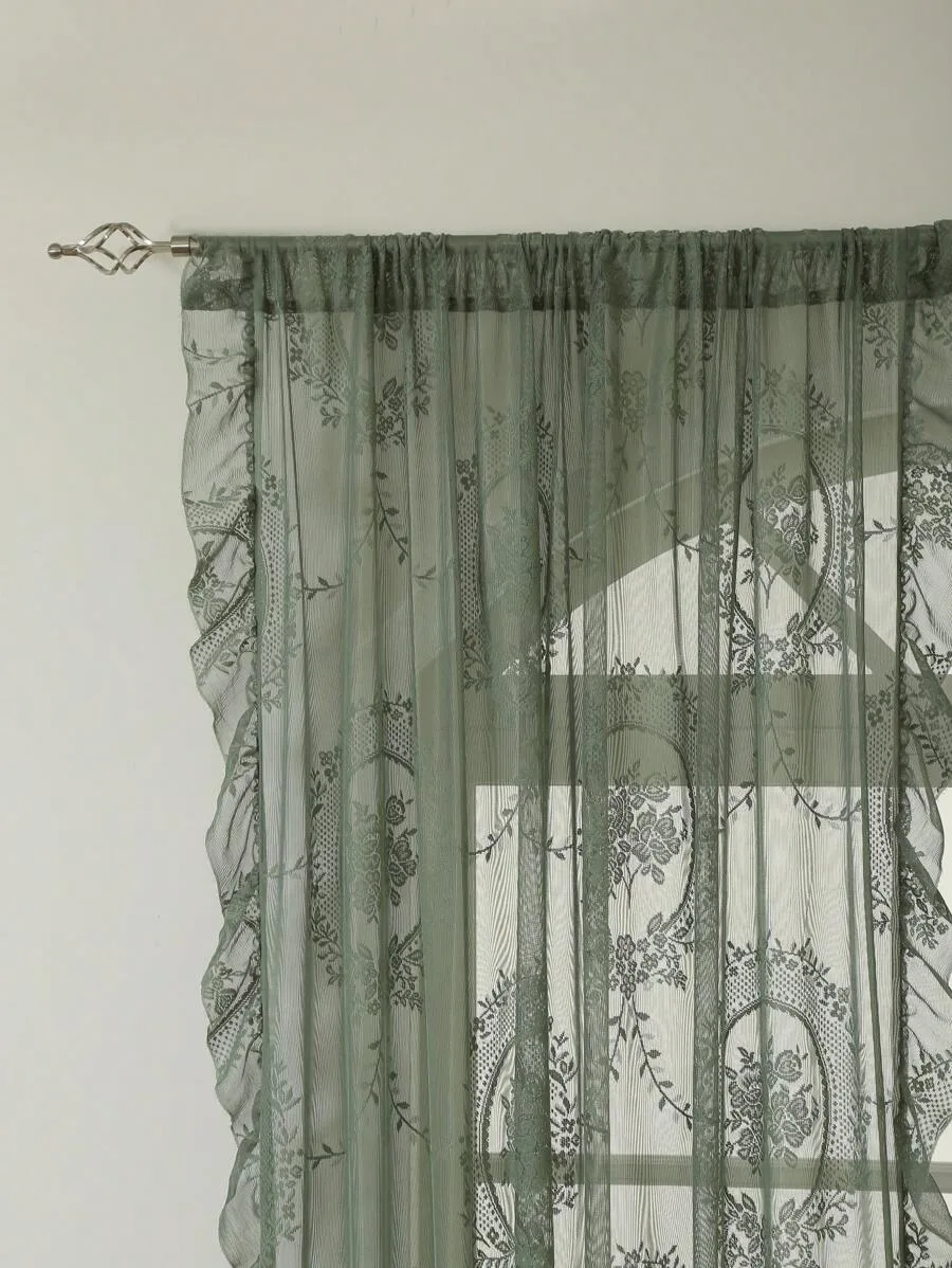 1pc Green French Romantic Ruffle Voile Window Curtain, Elegant French Style With Floral  For Living Room Bedroom Office Kitchen