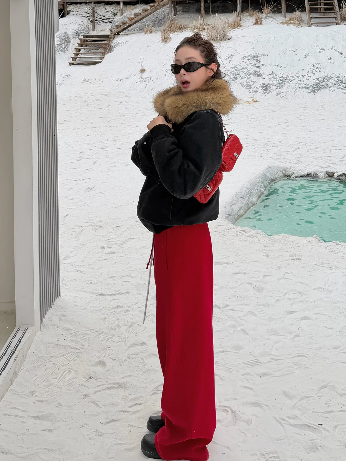 

Red Fce Lined Casual Pants Women's Winter Warm Loose Wide Leg Pants Lazy Sports Long Trousers High Waist Polyester Cotton ...