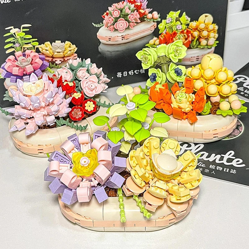 

Creative Succulent Potted Building Blocks Flowers DIY Simulation Bouquet Bonsai Assembled Toys Gifts for Adults and Children