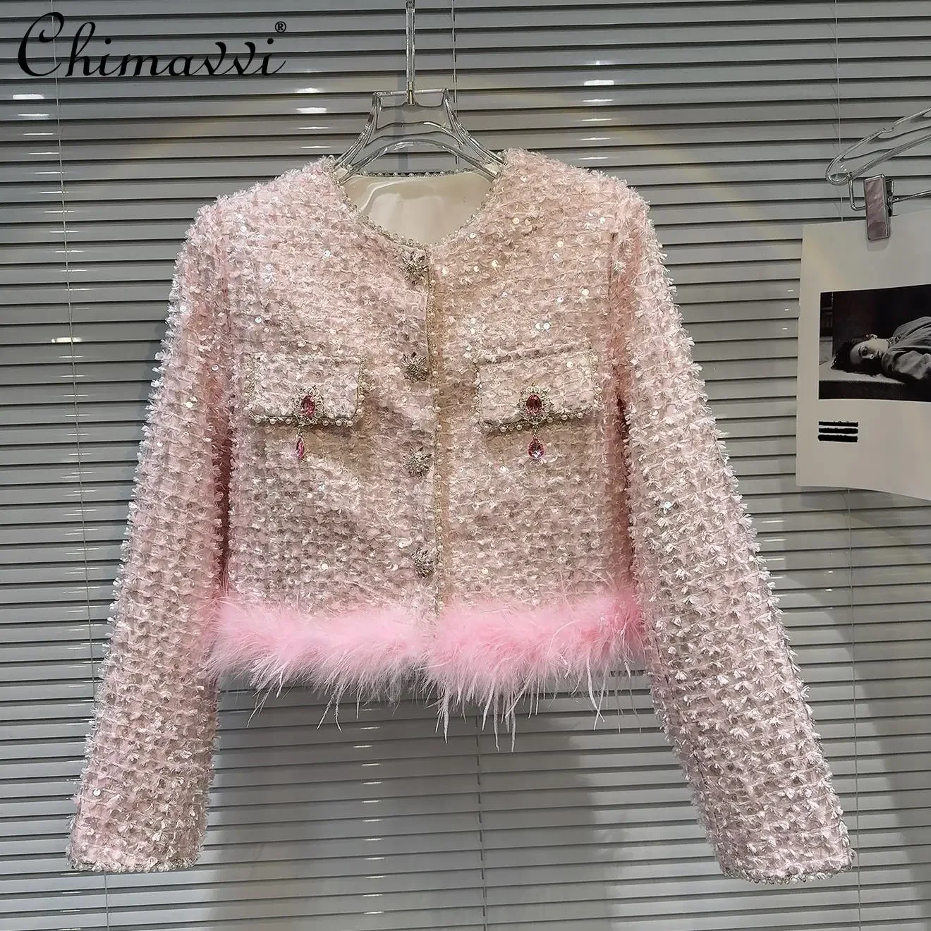 

Sweet Women's Short Cotton Coat 2024 Winter New Fashion Heavy Industry Hairy Edge Beaded Tweed Temperament Women's Jackets Top