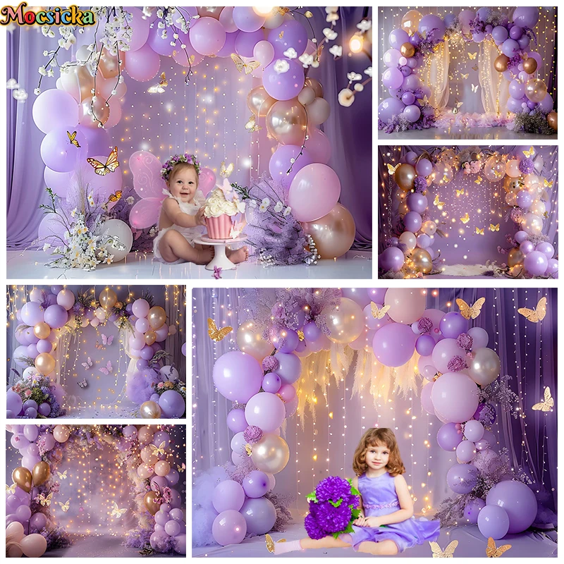 

Birthday Photographic Backgrounds Baby Shooting Props Butterfly Purple Balloons Backdrops Photography Room Decorations Photozone