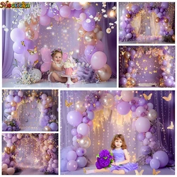 Birthday Photographic Backgrounds Baby Shooting Props Butterfly Purple Balloons Backdrops Photography Room Decorations Photozone