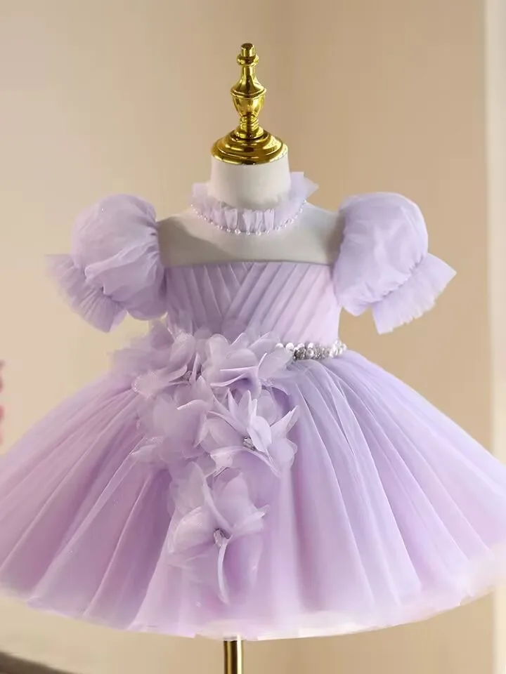 

Customized Communion Ceremony Girl Dress Laces Sheer Short-Sleeve Layered Floral Tulle Belt Embroidery MiniBride Gowns