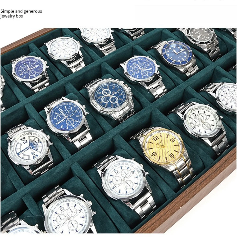 Wooden Watch Jewelry Tray Organizer 12/24 Grids Display Holder with Removable Pillow Men Women Storage Box DarkGreen