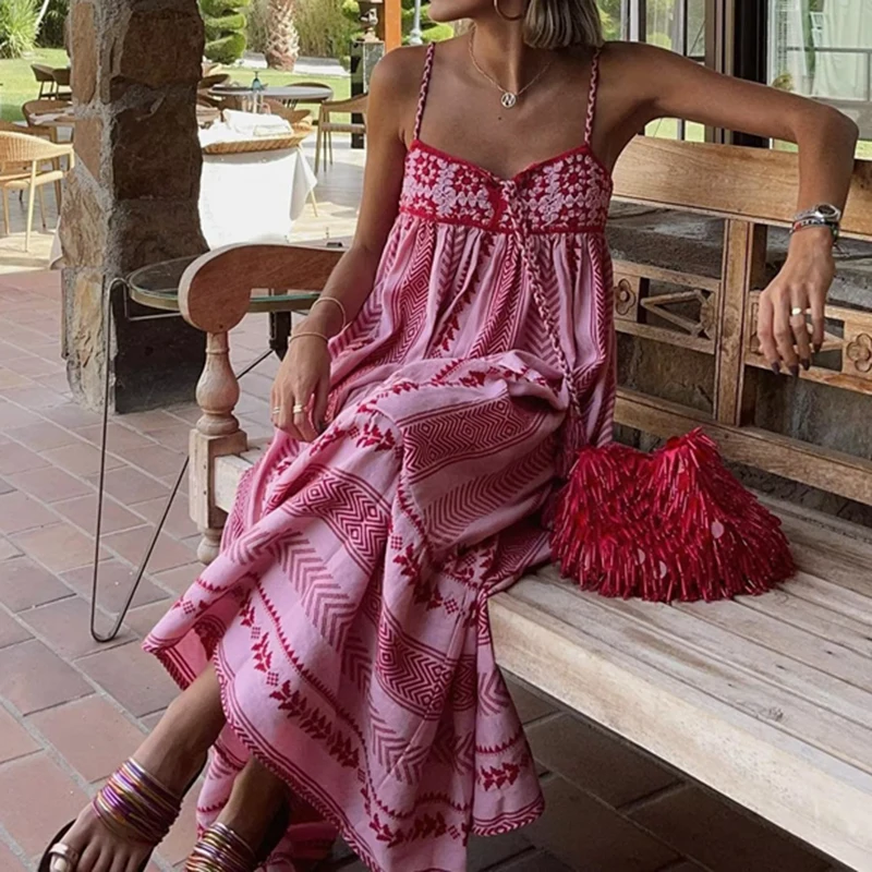 Indie geometrischen Druck fließenden Maxi kleid Boho Strand Stil Häkeln Quasten A-Linie Party kleid Frauen Urlaub Vintage Streetwear