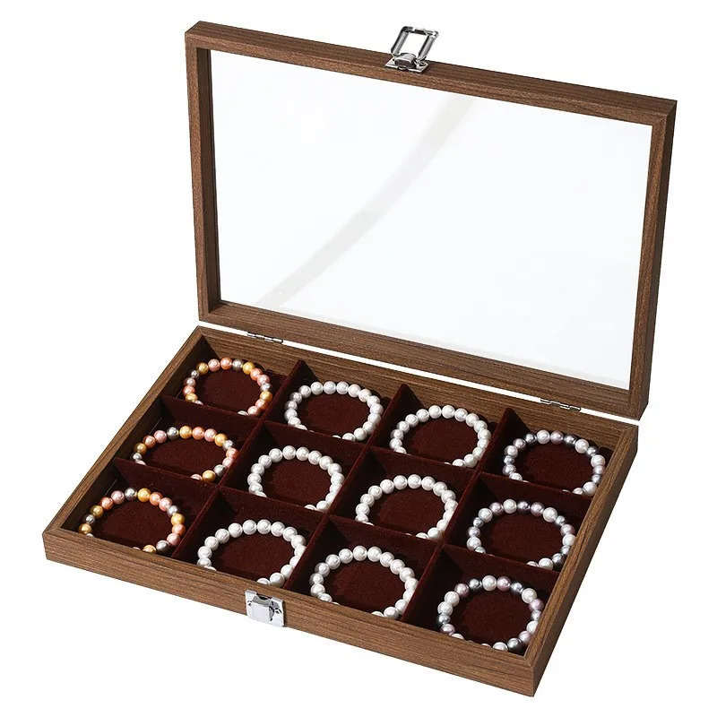 

Large Hard Paperboard Jewelry Box with Display Window Wood Pattern Bracelet Rings Necklace Jewel Carrying Box Organizers Storage