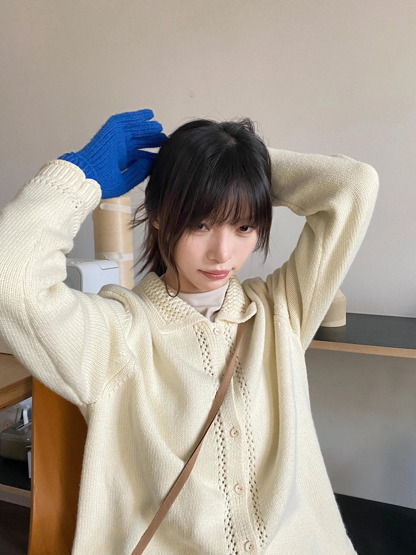 

Женский вязаный свитер-кардиган Milk Rabbit Warm Island с воротником, маленьким ажурным кружевом, на бархатных пуговицах, прямого кроя, милый осенний стиль