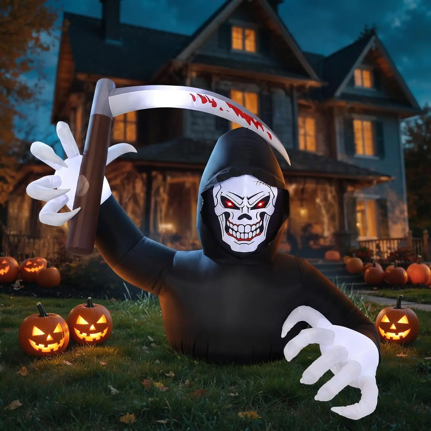 Halloween Inflatable Grim Reaper Decor 7.2FT Outdoor Scary Animation with Build-in LED Lights Quick Inflation for Holiday Garden