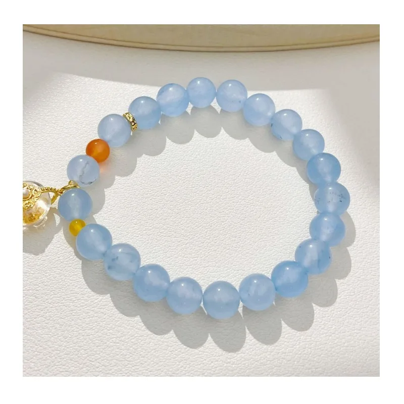 

Natural Sea Blue Chalcedony Crystal Buckle White Crystal Bead Bracelet Women's Small Fresh and Fashionable Summer Elegant Bracel