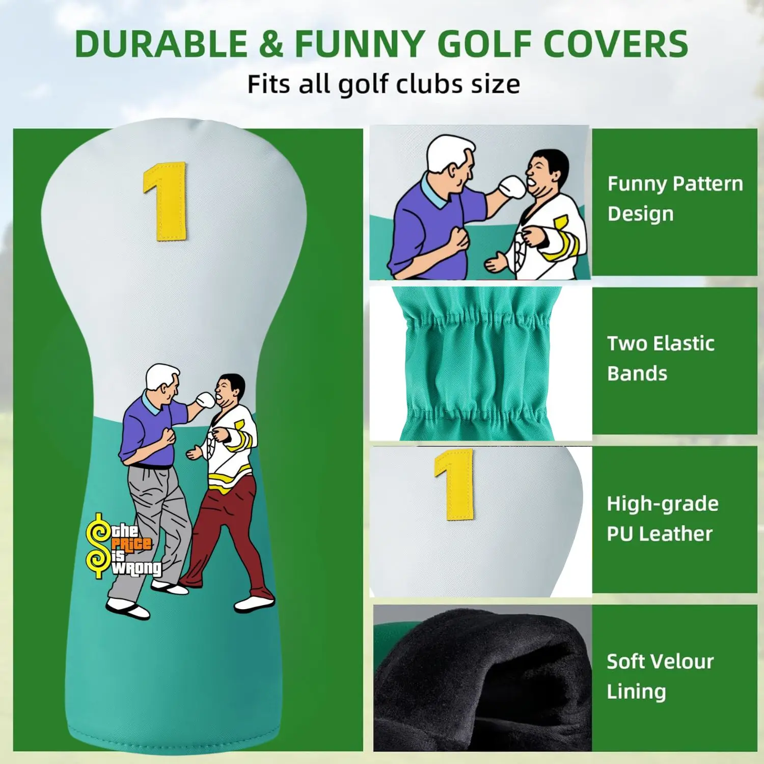 Golf PU Leather Head Covers for Driver, Funny Design Golf Club Head Covers with Soft Lining -Protective,Water-Resistant