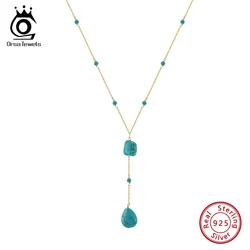 ORSA JEWELS Fashion Y Shaped Choker Necklace 925 Sterling Silver Irregular Turquoise Long Chain Necklace for Women Jewelry GMN50