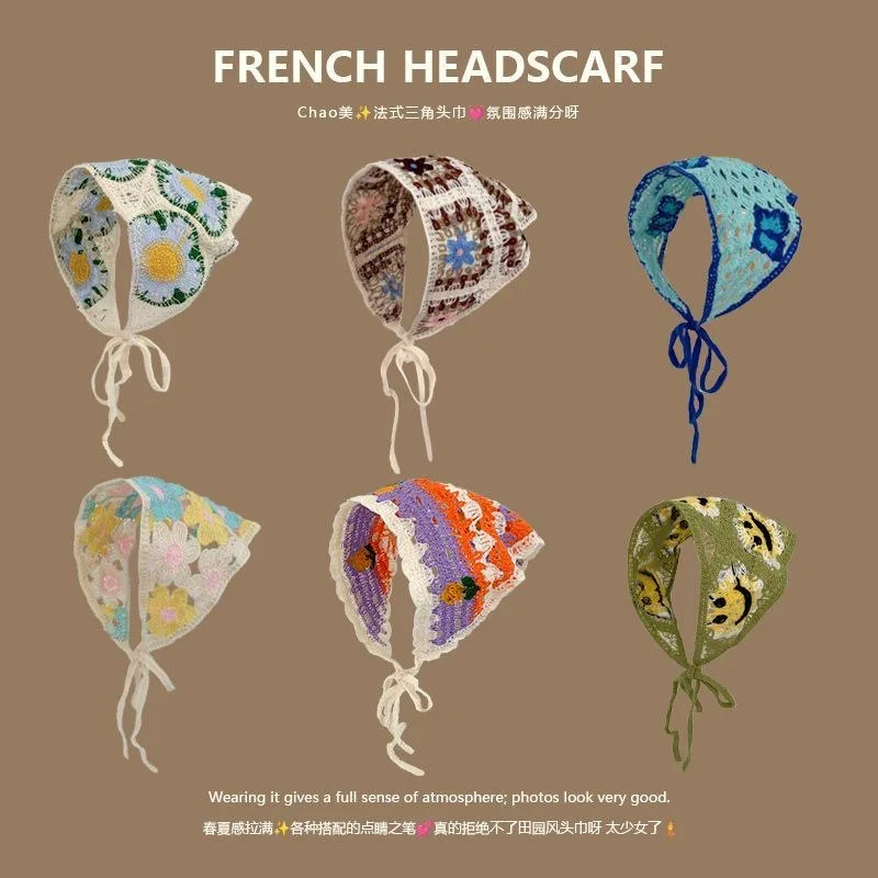 2026 New Spring and Summer Korean Sweet Cute Handmade Crochet Hollow Triangle Headband Towel Women Literary Photo Hair Scarf