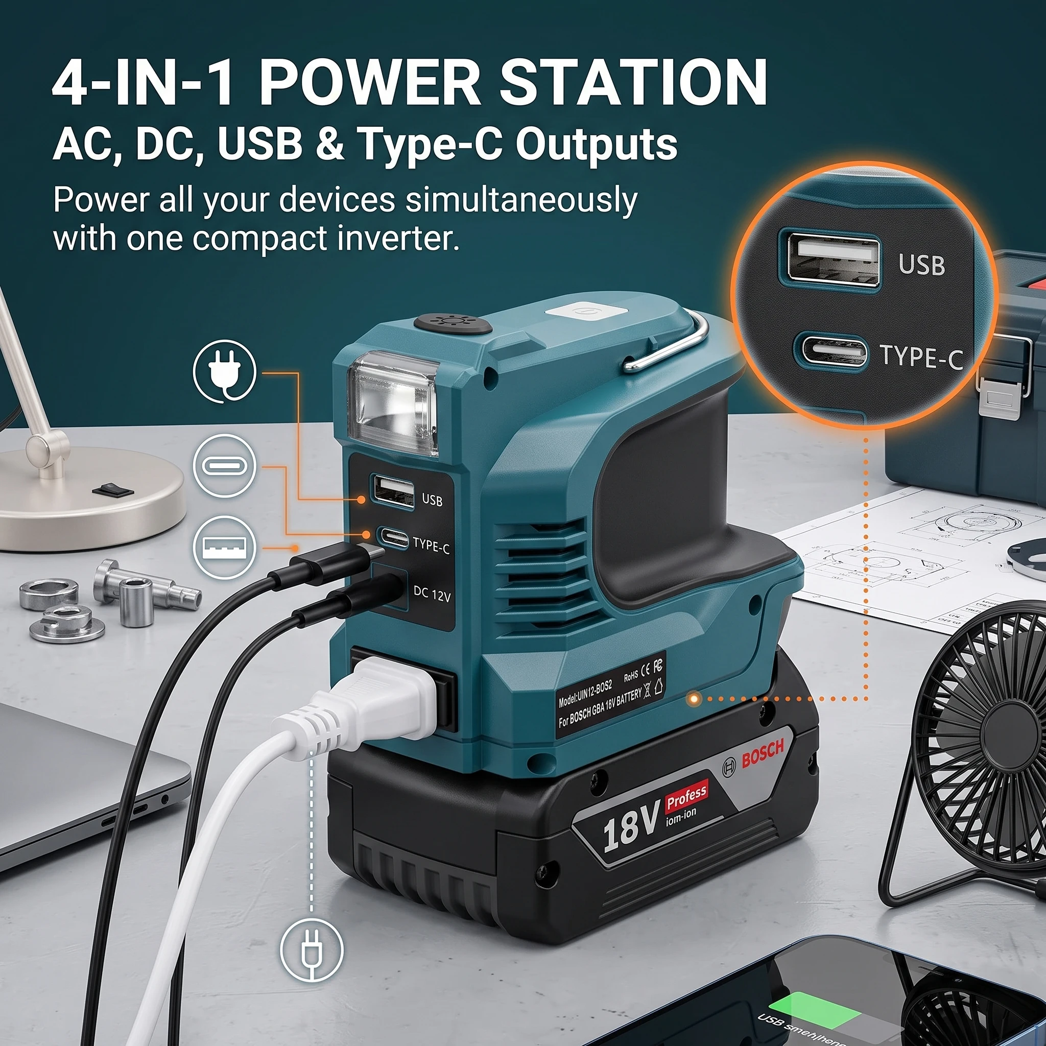 Outdoor Usb Power Outlet - 200W Power Inverter for Makita Bosch