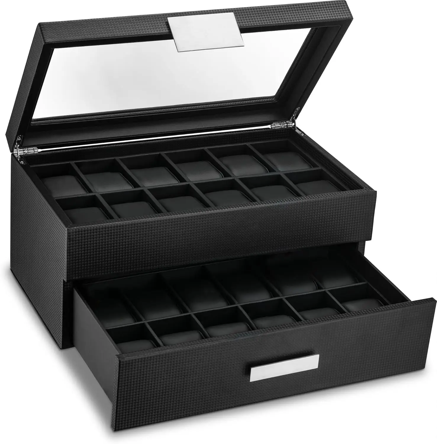 24 Slot Watch Box for Men, Carbon Fiber Display Case with Glass Top, Drawer & Leather Pillows - Black