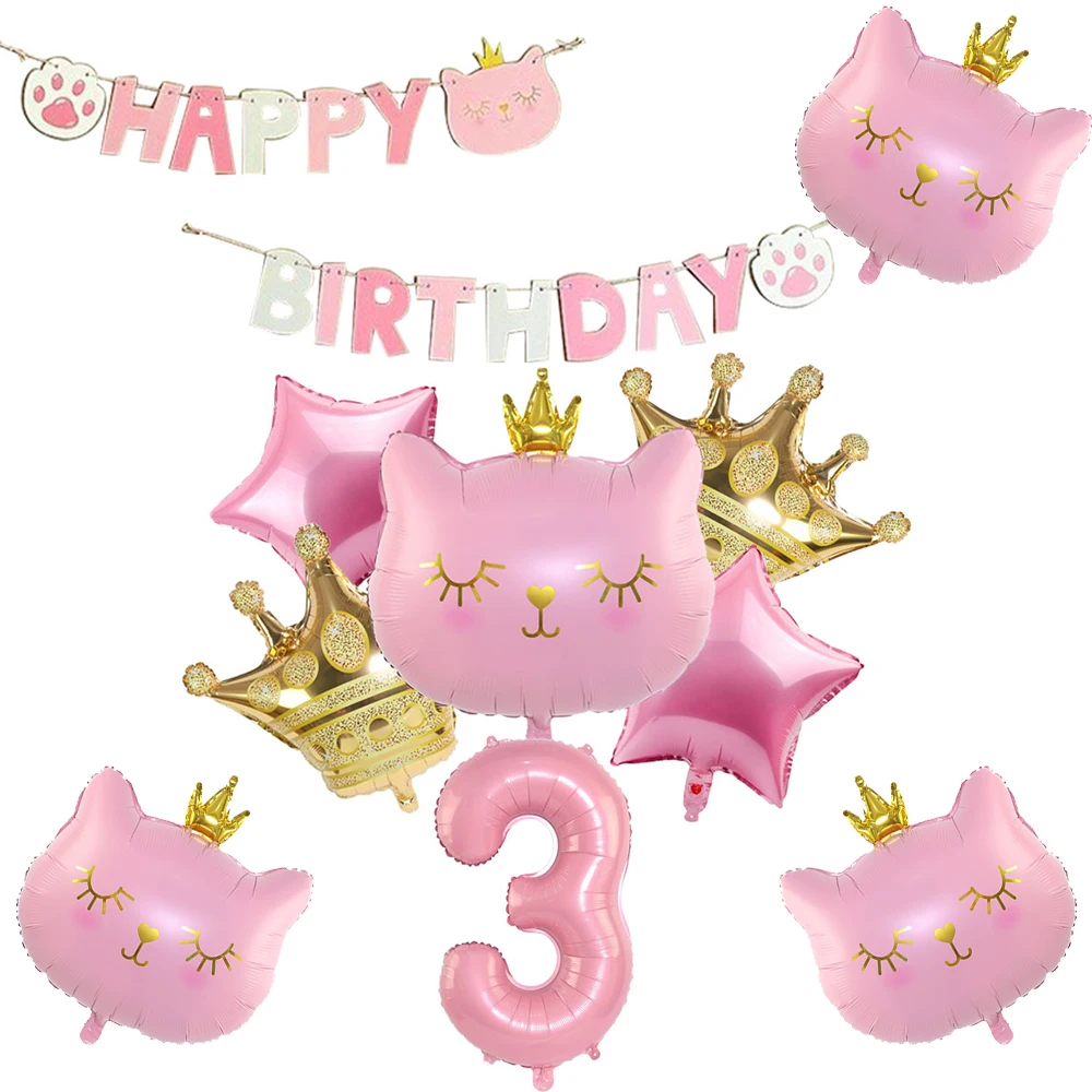 Pink Foil Number 0-9 Balloon Crown Cat Balloon Set for Queen Princess Kids Girls 1st Birthday Party Decorations Baby Shower Gift