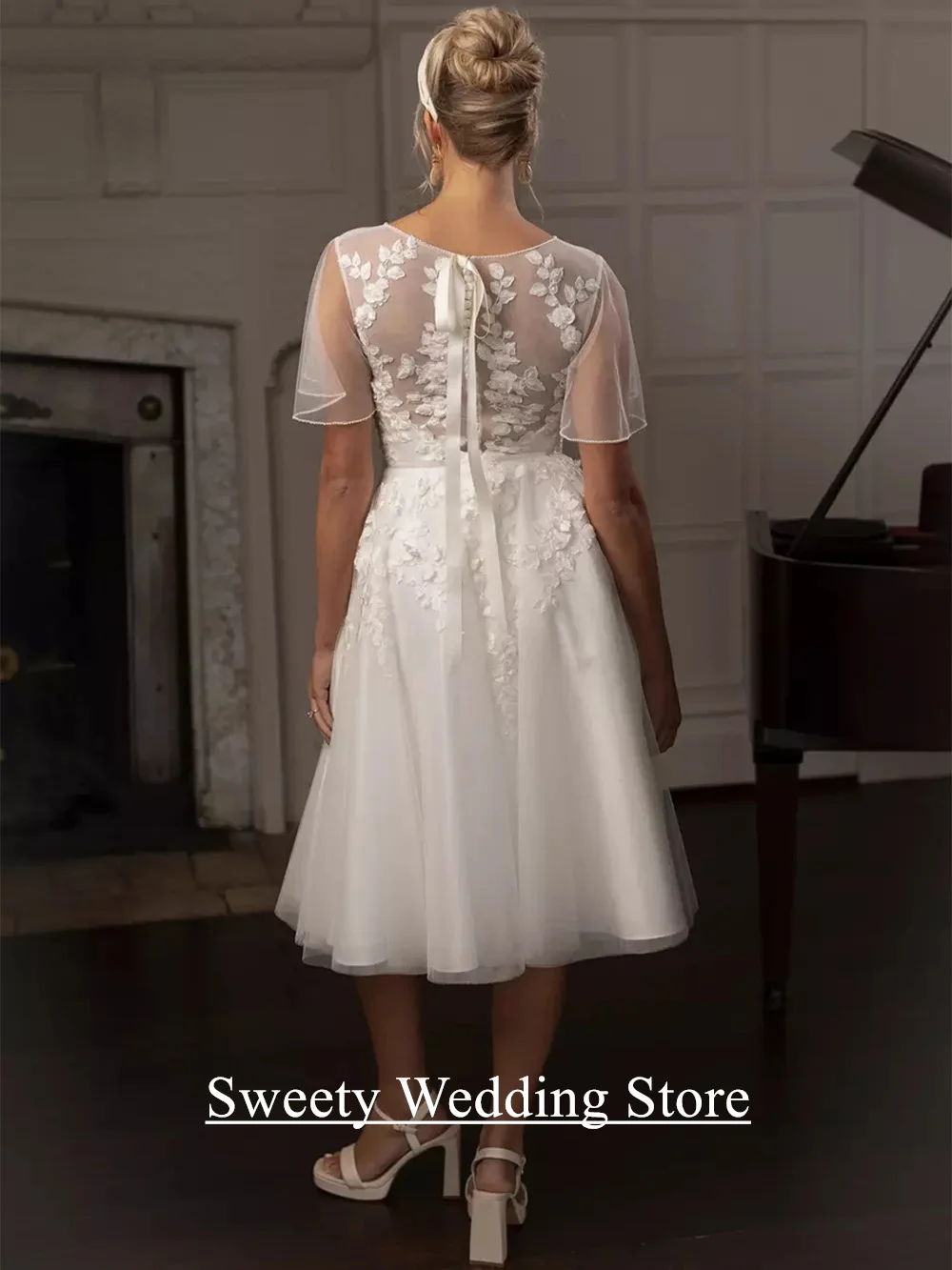 Classic Wedding Dress Tea Length Customized Short Sleeves V Neck Pearls Applique A Line Plus Size Bridal Gown for Bride