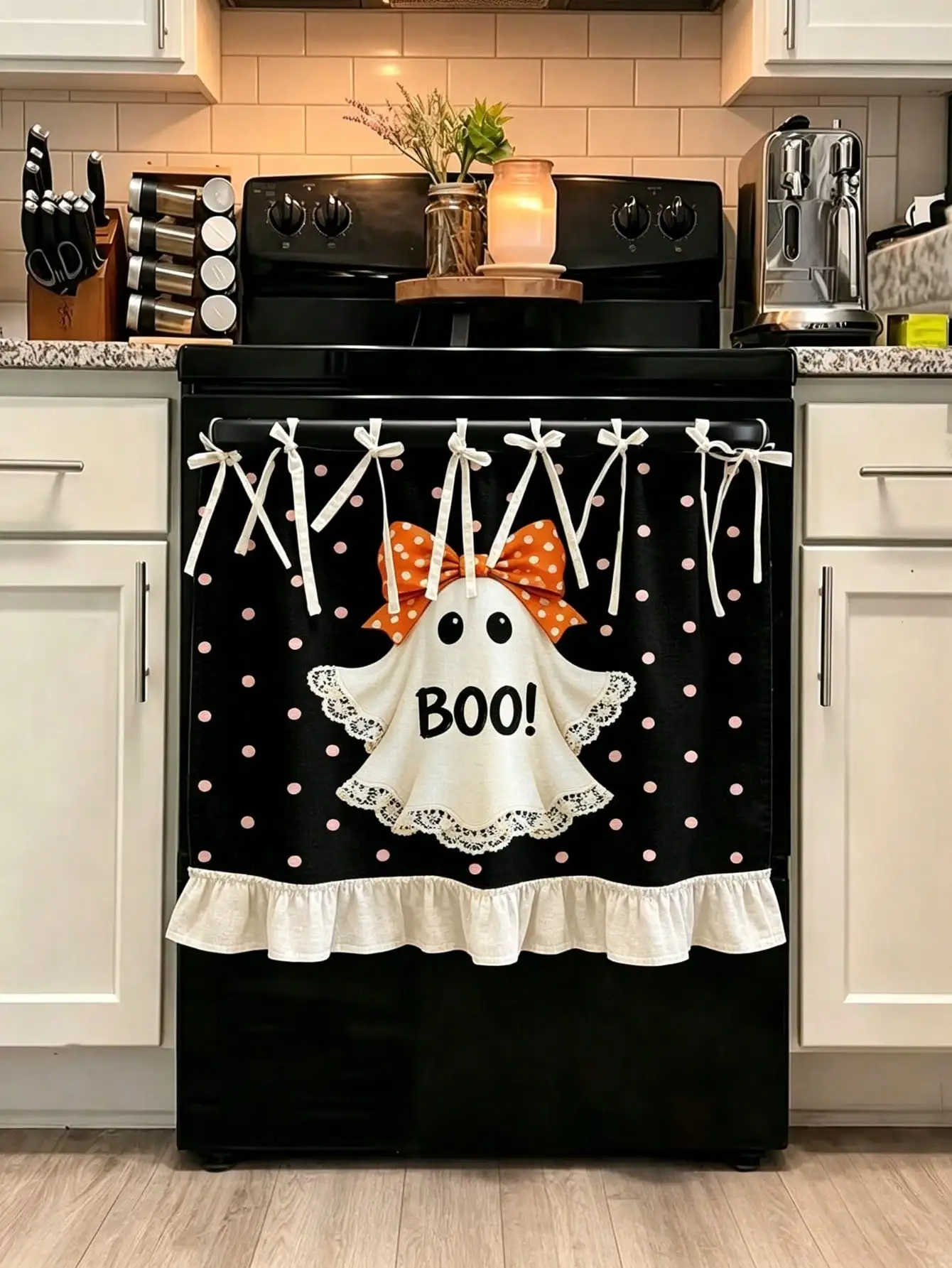 Halloween Kitchen Appliance Cover & Oven Curtain - Multifunctional Protective Cover With Cute Ghosts, Boo Text & Polka Dots, Lace Trim & Ribbon Tie Closure Suitable For Ovens, Microwaves, Stoves, Holiday Decor For Home