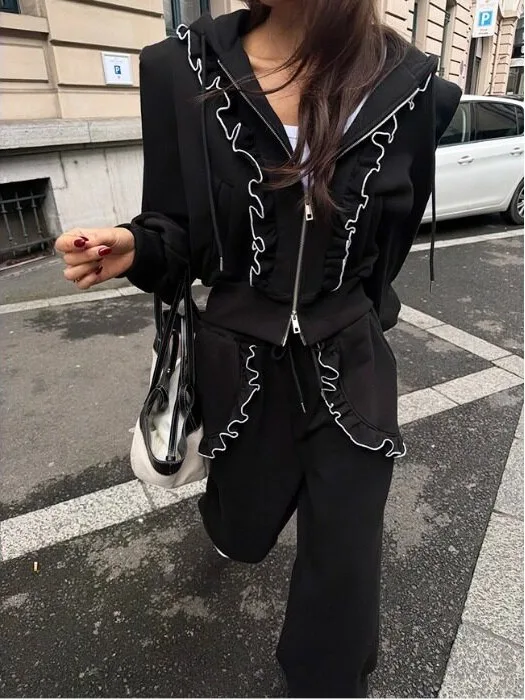 Spring Women's Casual Sweatshirt Jacket Thin Splice Wood Ear  Two-Piece Set Double Pocket Leisure Pants Korean Style