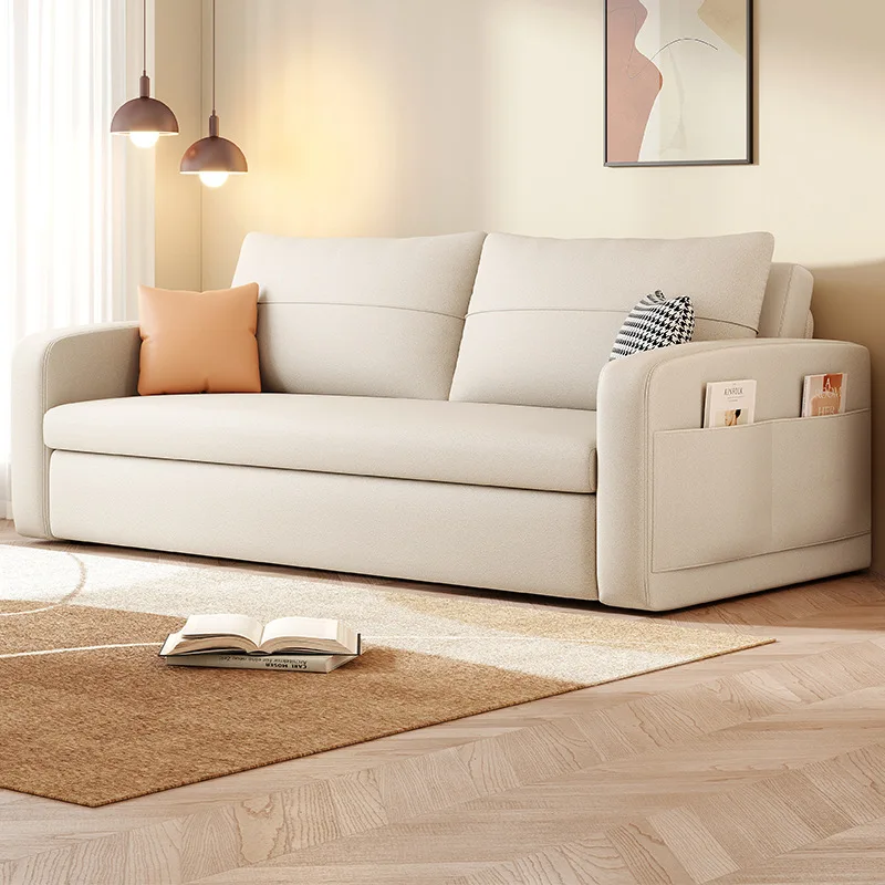 Technology fabric sofa bed dual-purpose foldable small apartment double telescopic sitting and lying storage multi-functional