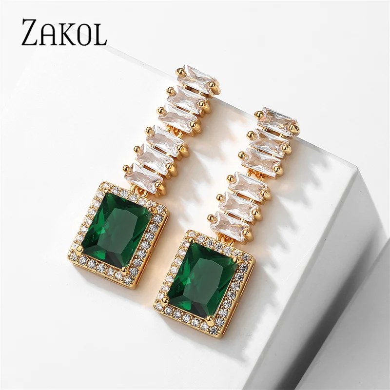 

ZAKOL Vintage Green Square Zircon Drop Earrings for Women Luxury Baguette Crystal Earring Bridal Wedding Party Jewelry EP5490