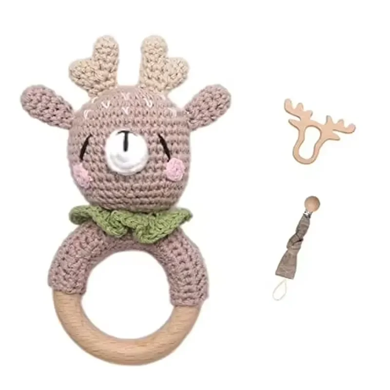 Custom baby rattle newborn crochet sika deer rattle newborn toy natural wood teething ring rattle hand grip boy girl