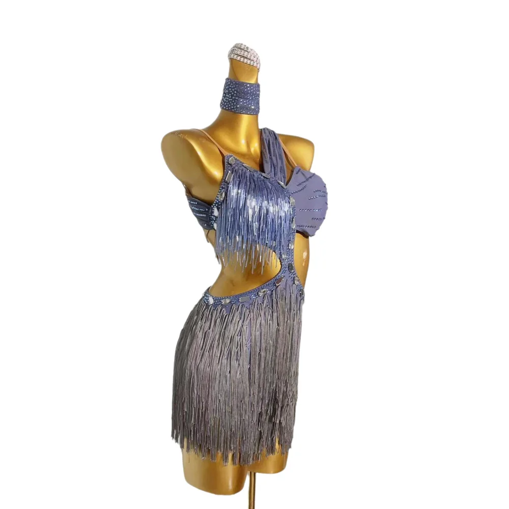 Dança latina adulto crianças vestido ab pedra high-end personalizado oco borla suspender precisamente tango roupas femininas