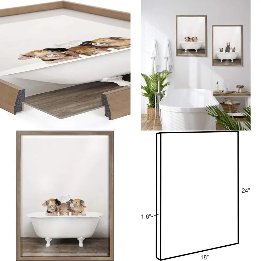 

Vintage Bathtub Three Pigs Wall Art by Amy Peterson, 18x24 Gold Frame, Cute Animal Decor