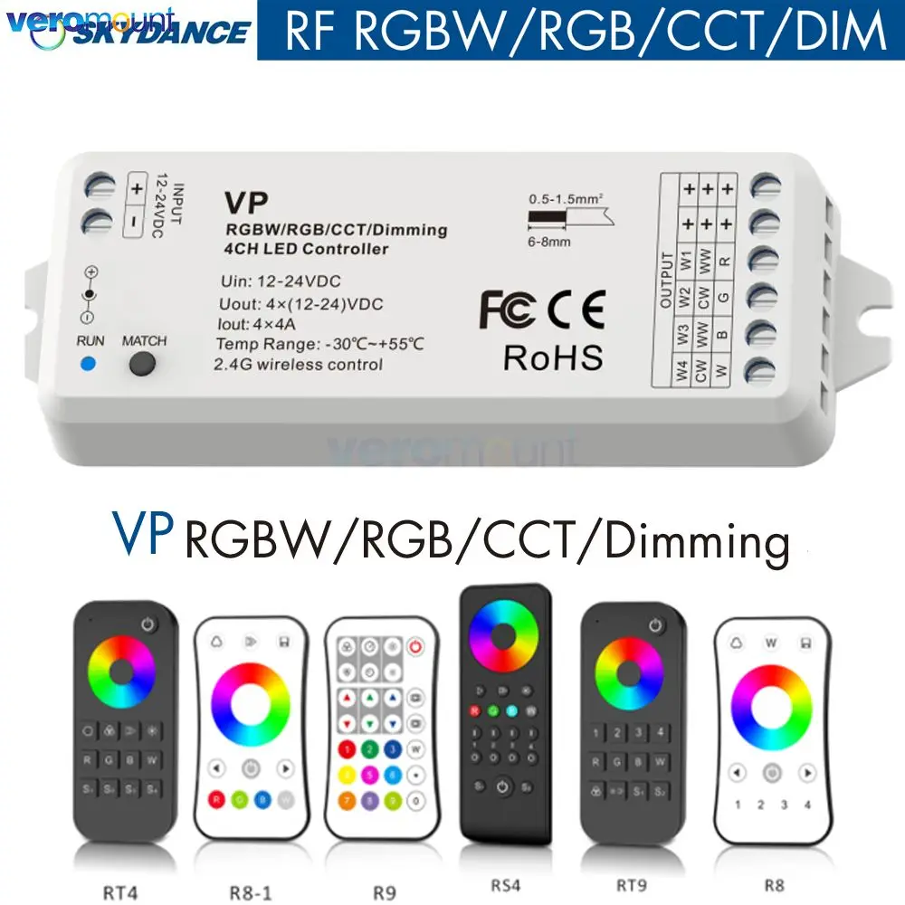 

4-канальный светодиодный контроллер Skydance VP с поддержкой беспроводного пульта дистанционного управления 2,4G RF для одноцветных светодиодных лент постоянного тока 12 В 24 В CCT RGB RGBW