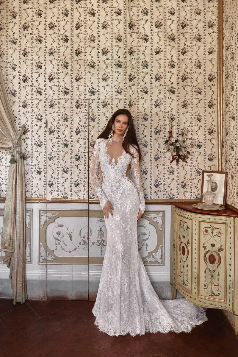 Mermaid Wedding Dress Luxury Vestidos Feminino Elegante Para Casamento Lace Vestido De Novia Manga Larga White Women's Gowns