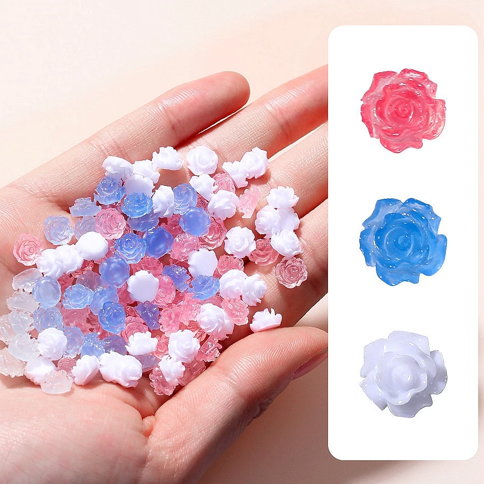 50PCS 6MM 8MM UV Light Sensitive Color Changing Nail Flower Charms Rose Accessories For Nails Decoration Supplies Manicure Parts