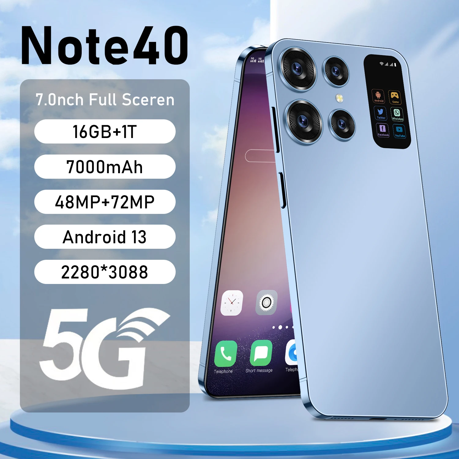 

Global Version Note40 Smartphone 5G 7.0 Inch 16GB RAM+1TB ROM Qualcomm 8 Gen 2 108MP Camera 7000Mah Battery Android Phone NFC