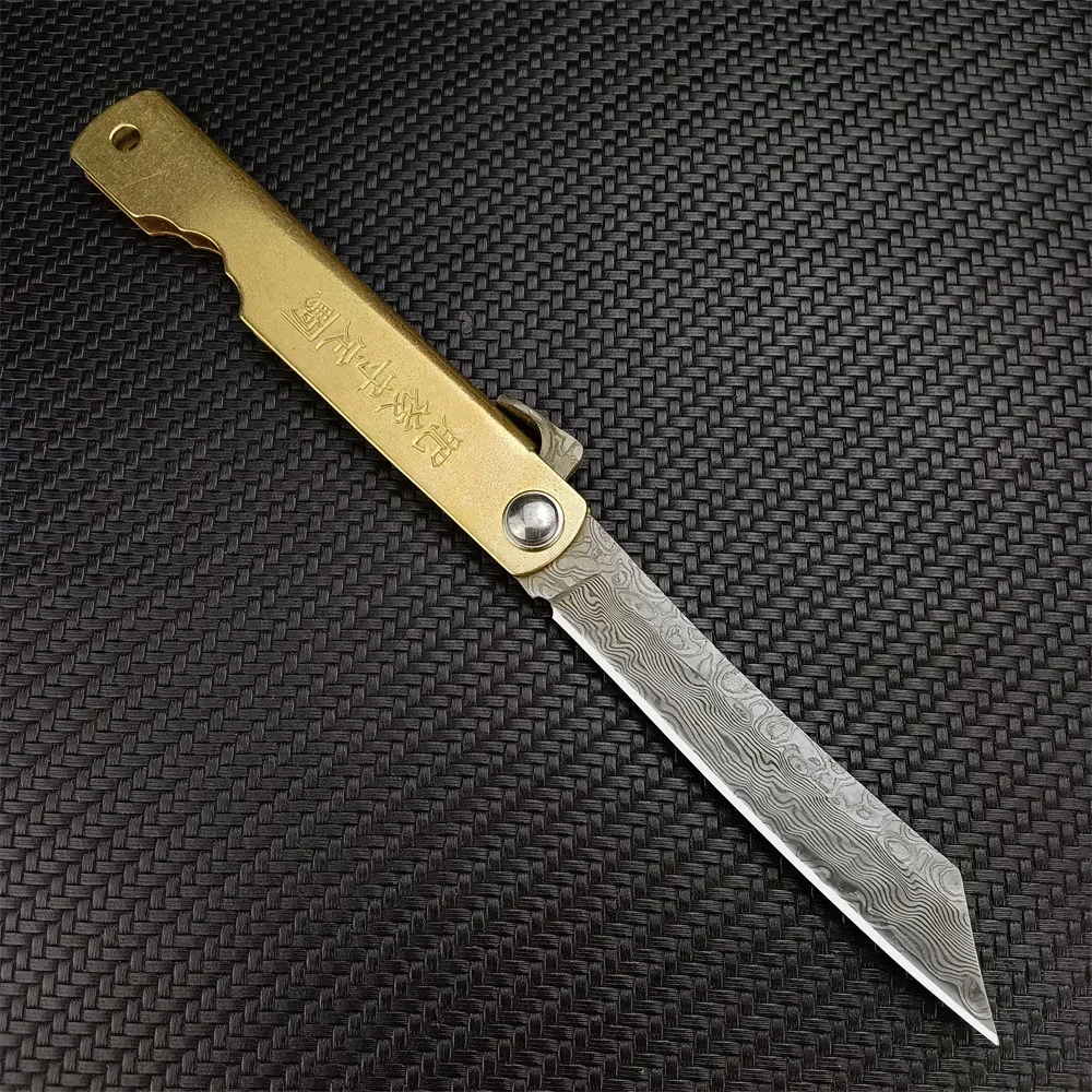 Mini Higonokami Japanese Folding Knife VG10 Damascus Steel Camping Hunting Copper Handle Knives Outdoor Survival EDC Tool