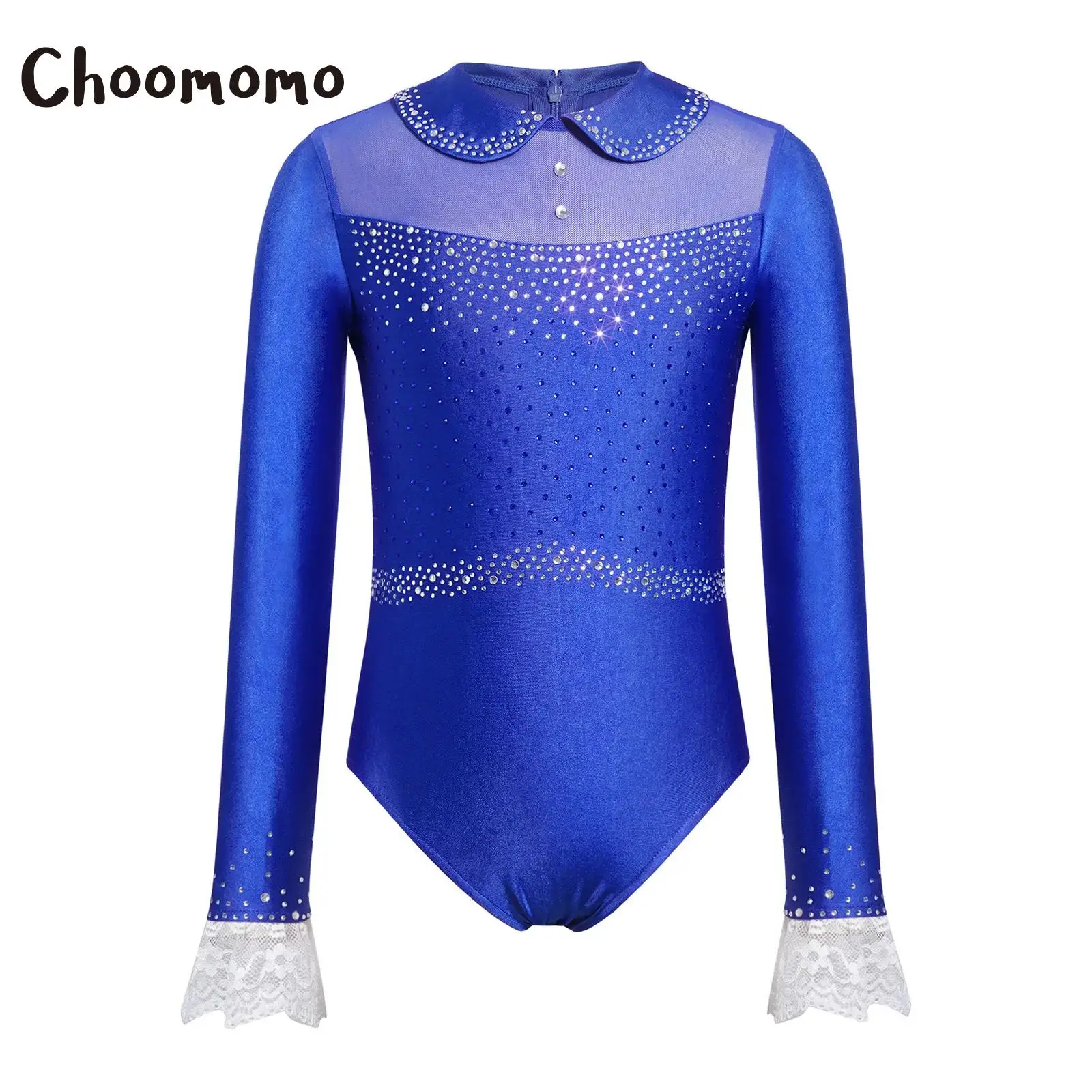 

Kids Girls Dance Leotard Lace Cuffs Rhinestones Gymnastics Artistic Skating Jumpsuit Cute Long Sleeve Mesh Ballet Dance Bodysuit