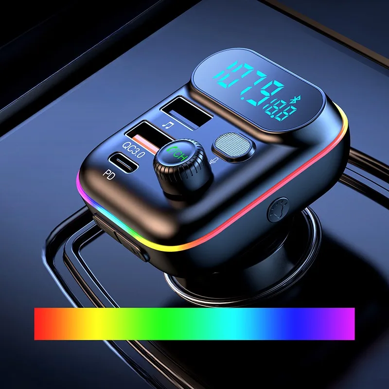 Car Fast Charge Bluetooth 5.0 FM Transmitter PD Dual Player Music Type-C Colorful Ambient MP3 Light Cigarette Lighter USB C0E3