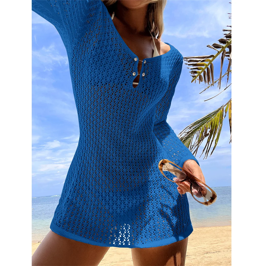 V-Ausschnitt, lange Ärmel, mit Ausschnitten versehene, gehäkelte Tunika, Strandkleid, Strandmode, Damen V7643 – Detail 14