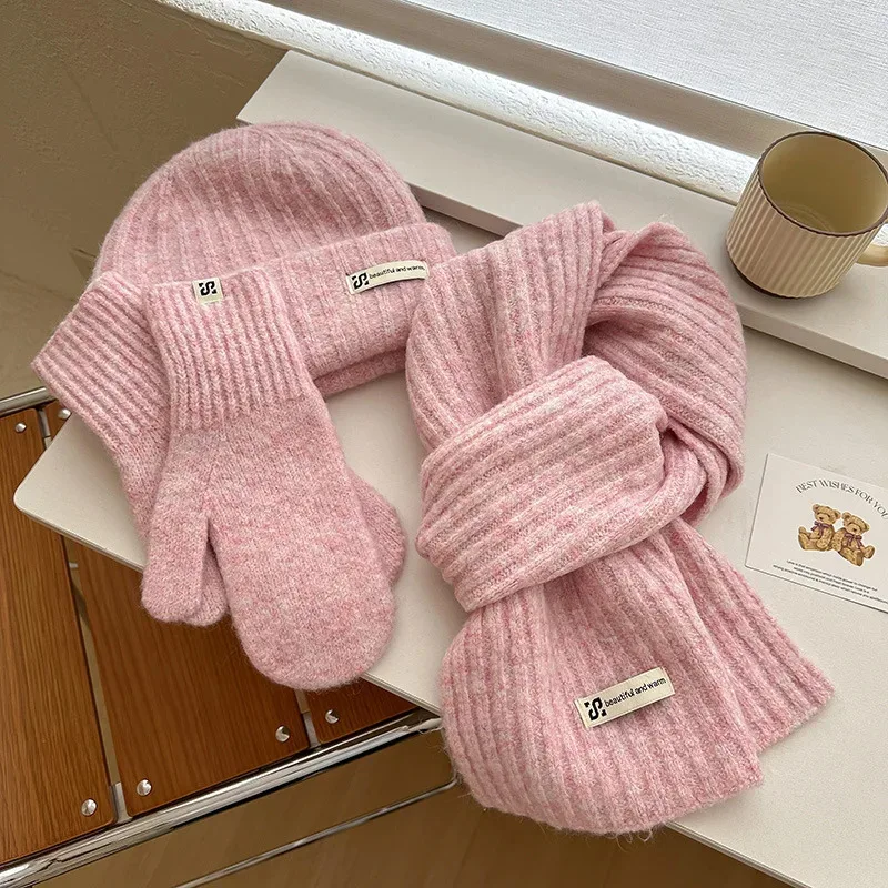 Set Tiga Potong Syal Rajut Sarung Tangan Topi Untuk Wanita&Pria Musim Dingin Tebal Hangat Topi Beanie Topi Anti Dingin Luar Ruangan Set Syal Sarung Tangan