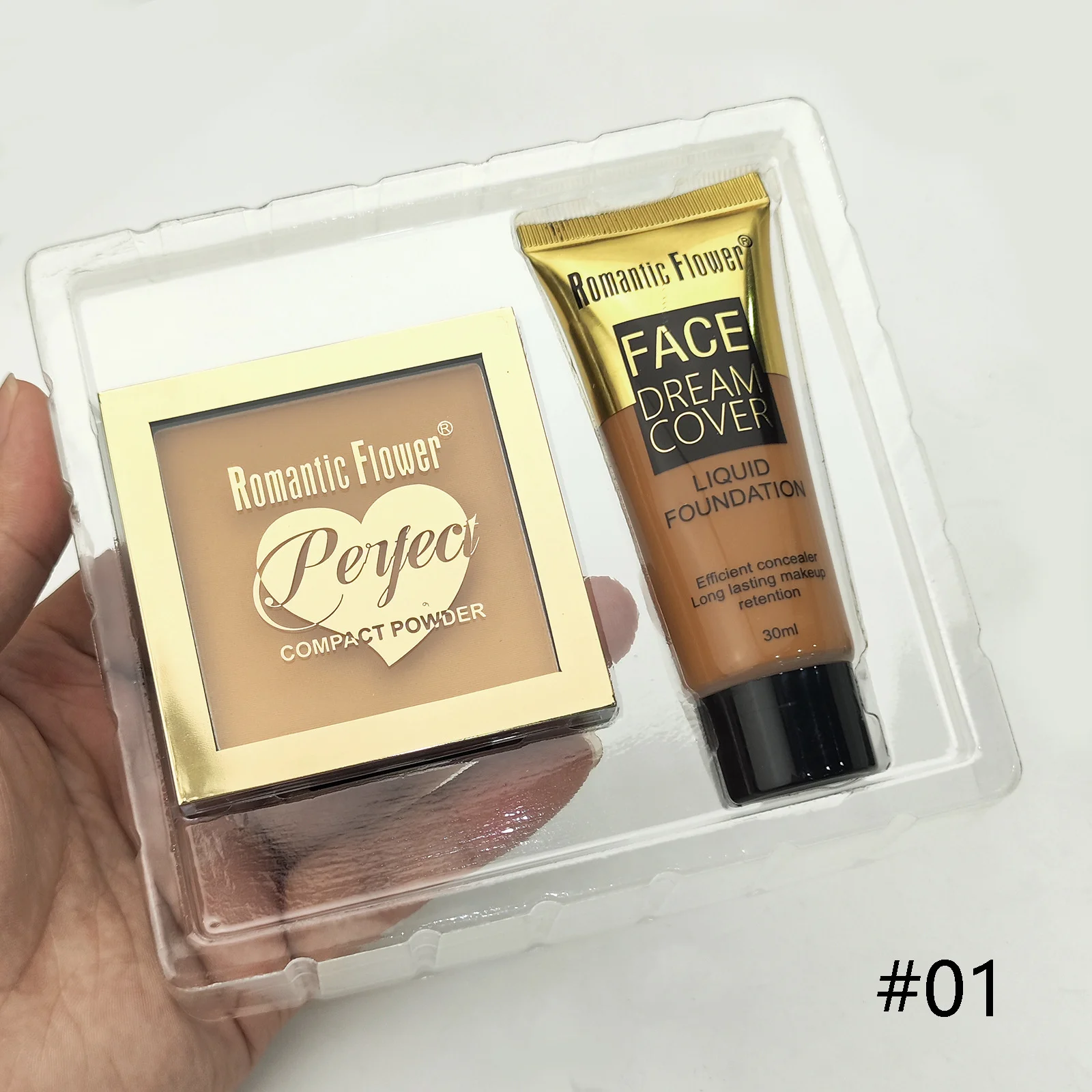 Maquillaje facial de flores románticas, corrector de estuche de base líquida y en polvo 2 en 1, duradero y sin maquillaje, adecuado para pieles oscuras