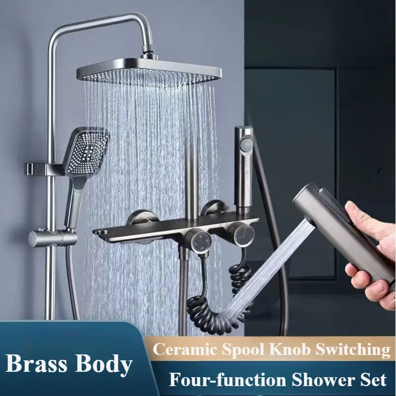 

Brass Bathroom Shower System 4 Ways Water Outlet Wall-mounted Rainlfall Pressurized Hot Cold Water Shower Set Bidet Set