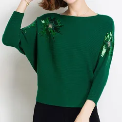 All-match Fashion Sequins Spliced Solid Color Knitted Tops Spring New Women's Batwing Sleeve Hollow Out Slash Neck Pullovers