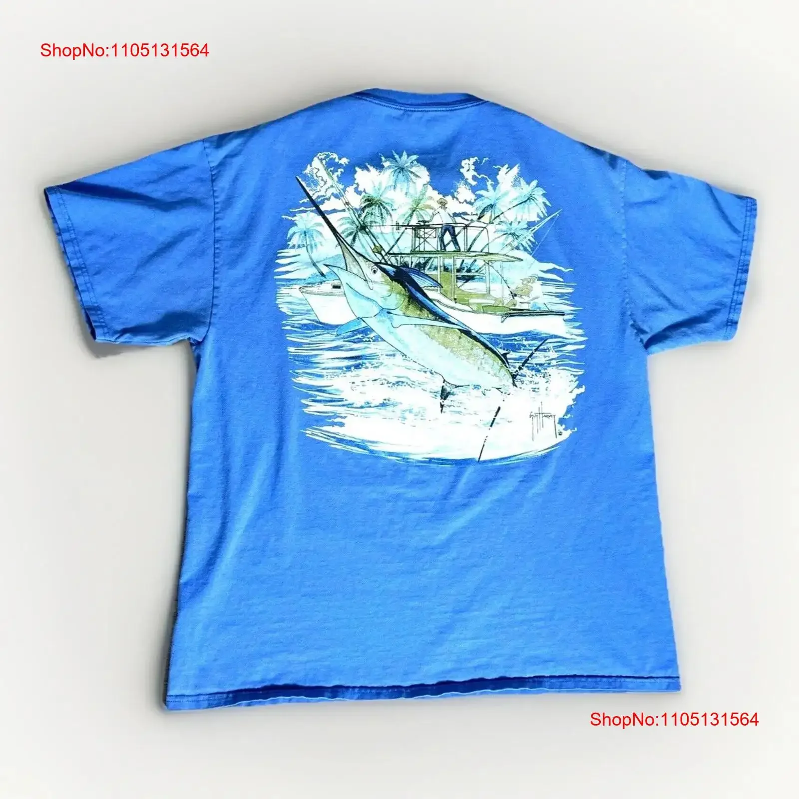 Guy Harvey Blue Marlin T Shirt Sz L 2011 Pocket Ocean Deep Sea Fishing vintage Washed graphic Soft fashion Casual streetwear