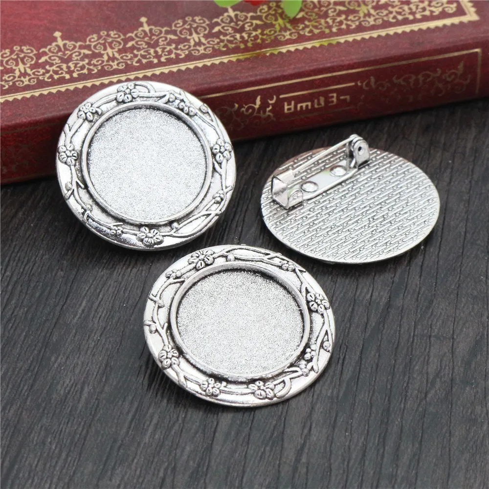 5pcs 20mm Inner Size Antique Silver Plated Bronze Brooch Pin Flower Style Cabochon Base Setting