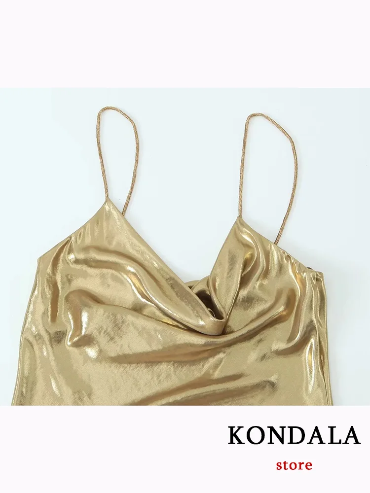 KONDALA Sexy Solid Golden Party Women Dress senza maniche con scollo a V Cami Metal Dress New Fashion 2023 Autunno Evening Night Club Dress