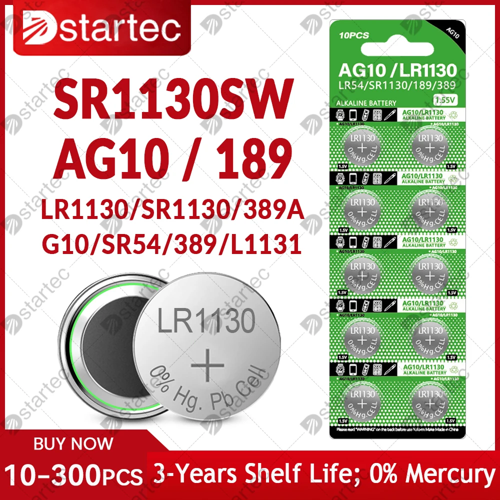 

10 Шт-300 Шт LR1130 AG10 Кнопка Батарейки SR1130SW 189 389 LR54 RW89 G10A L1131 1.55V Щелочной Монета Элемент Оксид Серебра Смотреть Батарейка