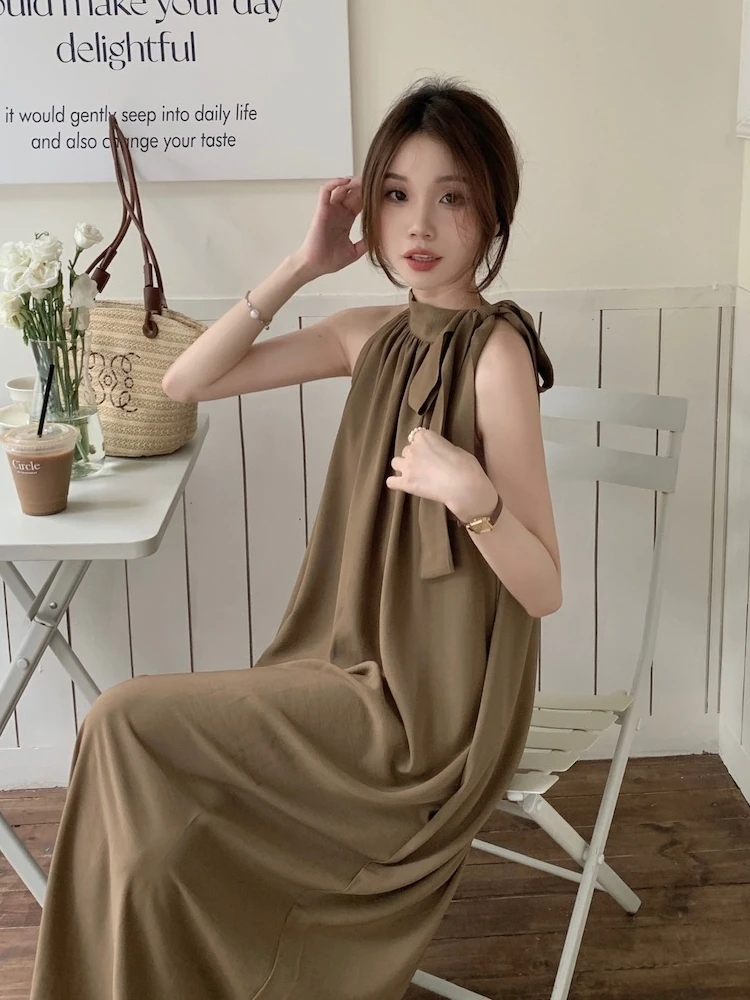 

Летнее длинное женское платье-сарафан с завязками на шее, свободное, комфортное, с высокой талией, А-силуэт