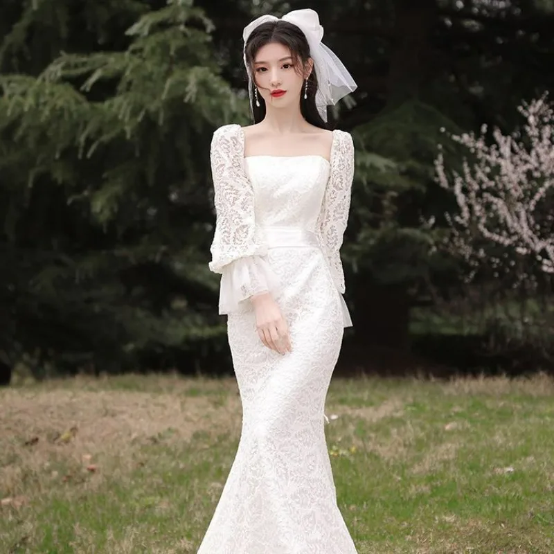 French Style Lace Mermaid Wedding Dresses with Small Train Vintage Square Collar Long Sleeves Bridal Dress Elegant Simple Gowns